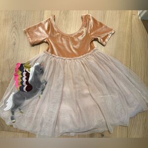 Mini Boden Girl's Velvet Tulle Applique Dress in Peach pink with unicorn